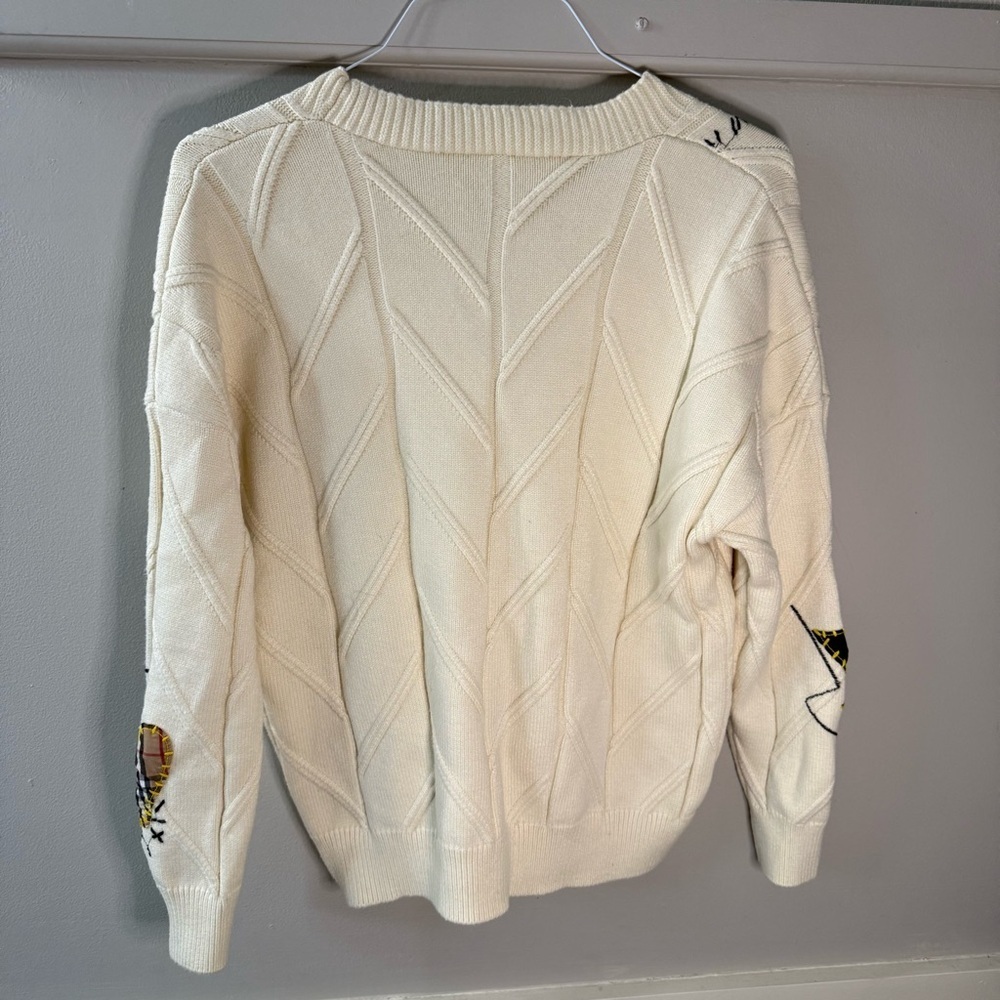 Anrabess Cream Cardigan with Embroidered Accents Lettering Patchwork Thick - Picture 5 of 12